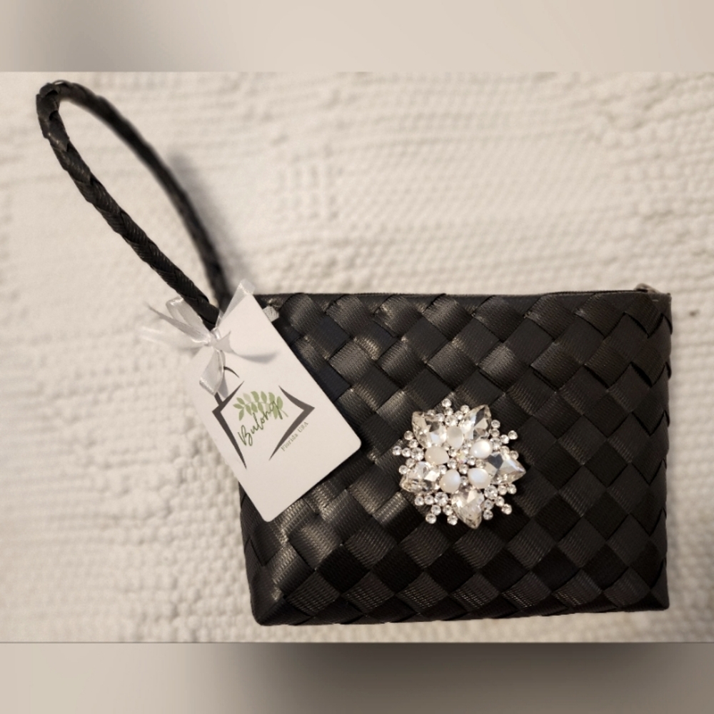 Black Woven Clutch with Crystal Brooch